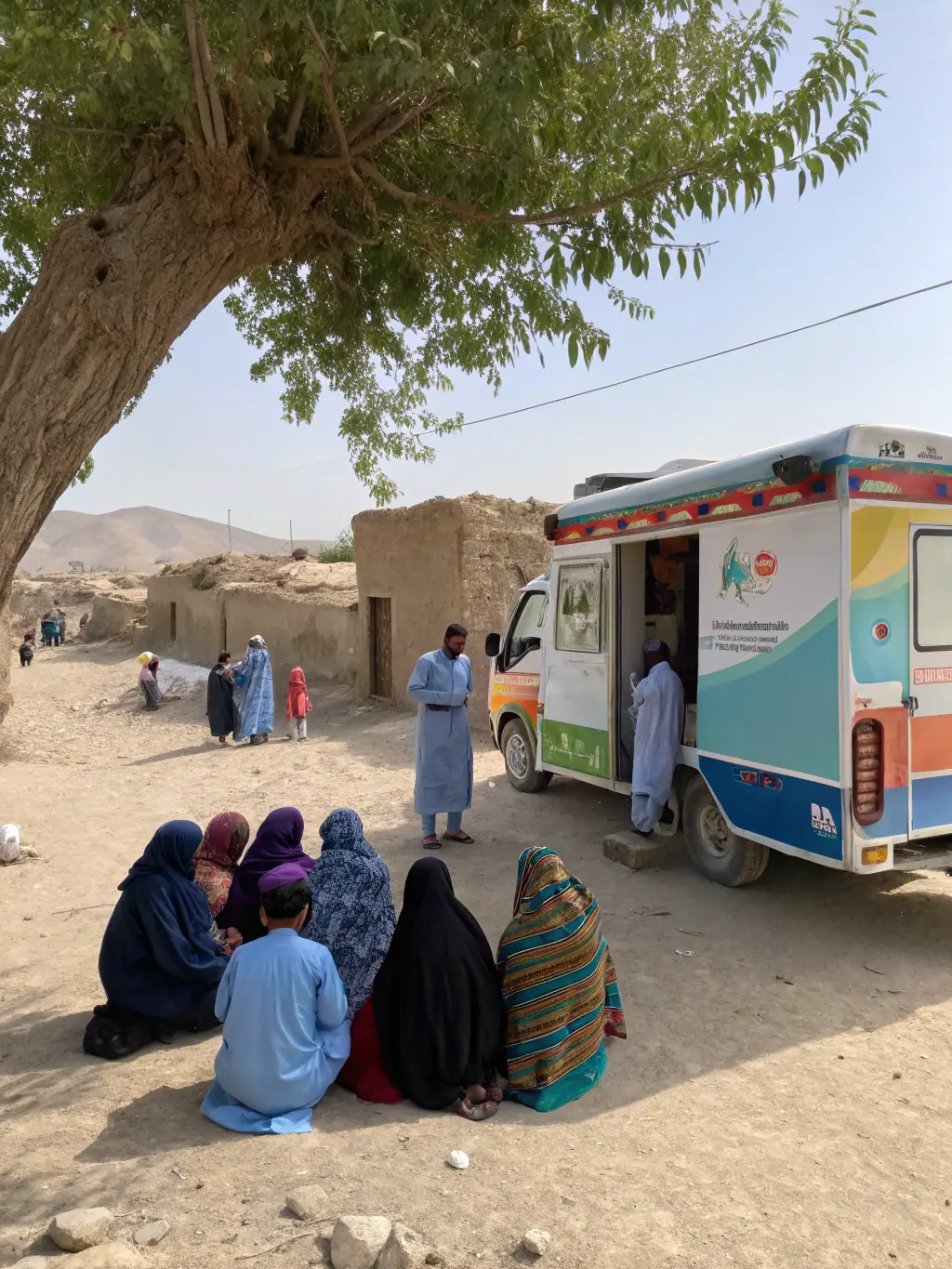 A mobile health unit providing on-site medical check-ups and consultations in a rural area, ensuring access to healthcare for underserved populations.