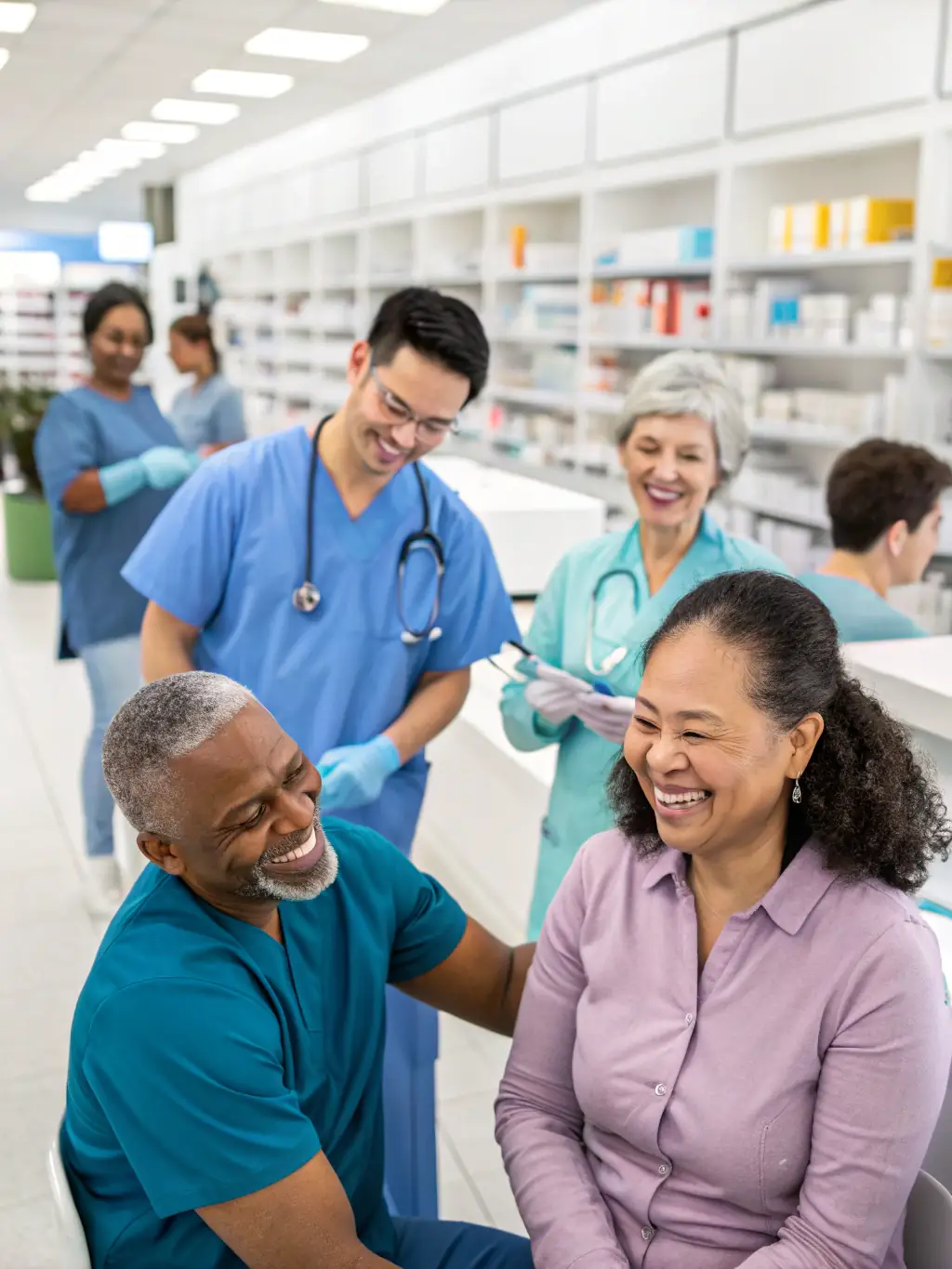 Healthcare workers administering flu vaccines to elderly residents at a senior center, ensuring their protection during flu season.